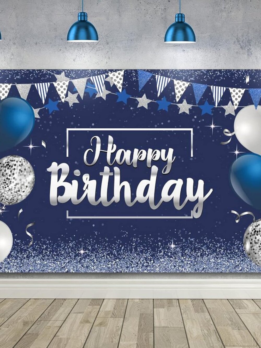 Happy Birthday Banner Backdrop Decoration for Men WomenSilver Blue